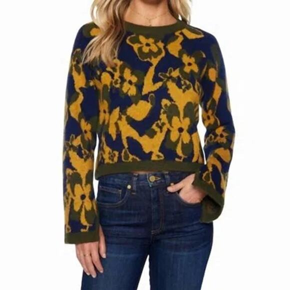 RAMY BROOK Sandi Jacquard Knit Floral Sweater Blue and Gold Size Large - Picture 2 of 10